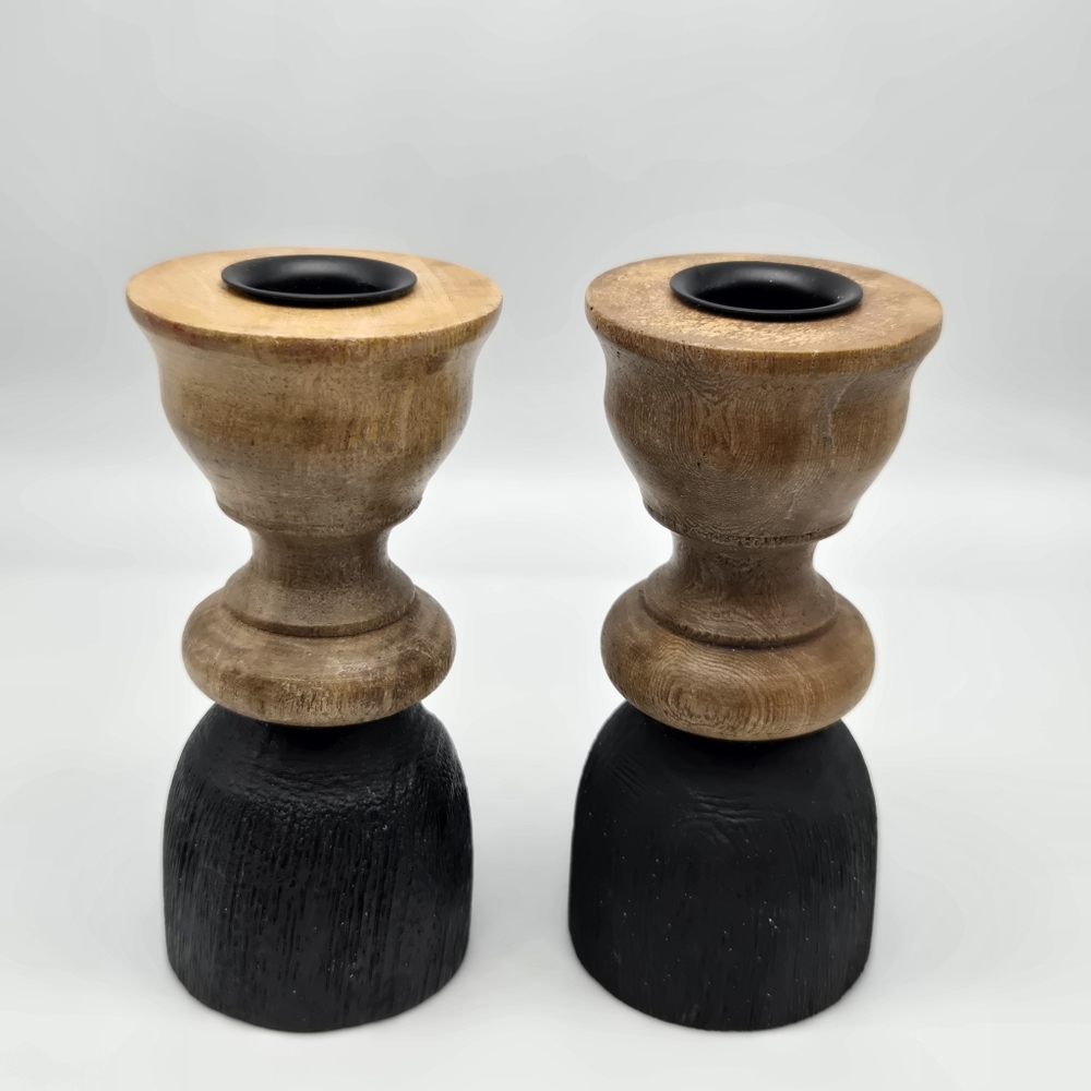 Pair of Black And Natural Wood Taper Candle Holders Modern Farmhouse